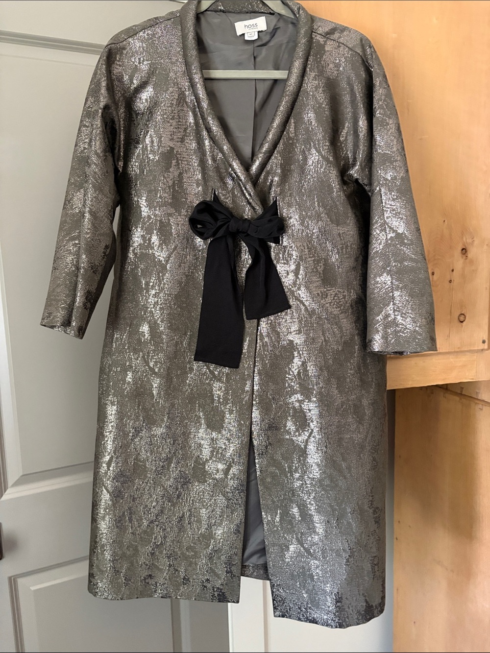 Hoss Silver Metallic Long Coat with Black Bow